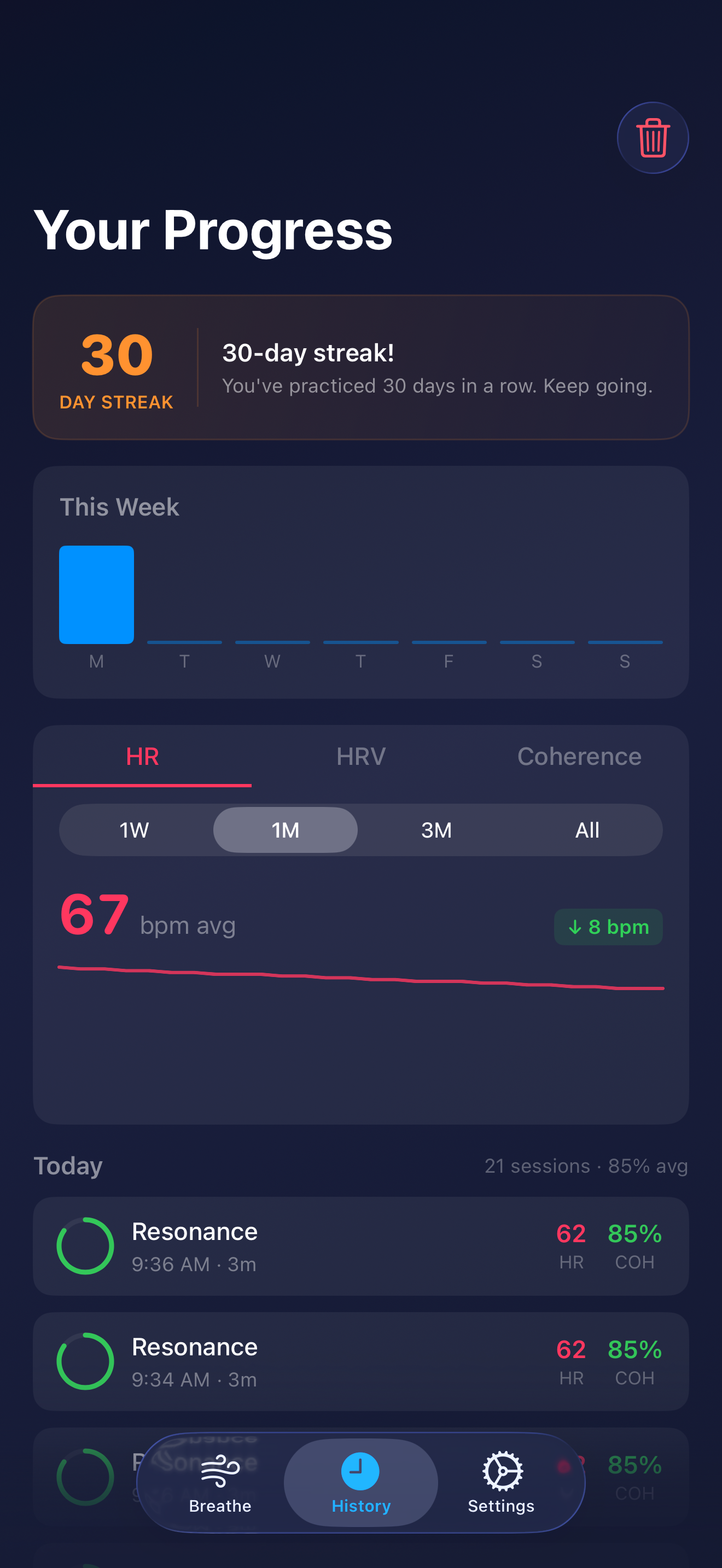 Progress view with practice streak, weekly chart, heart rate trends, and session list
