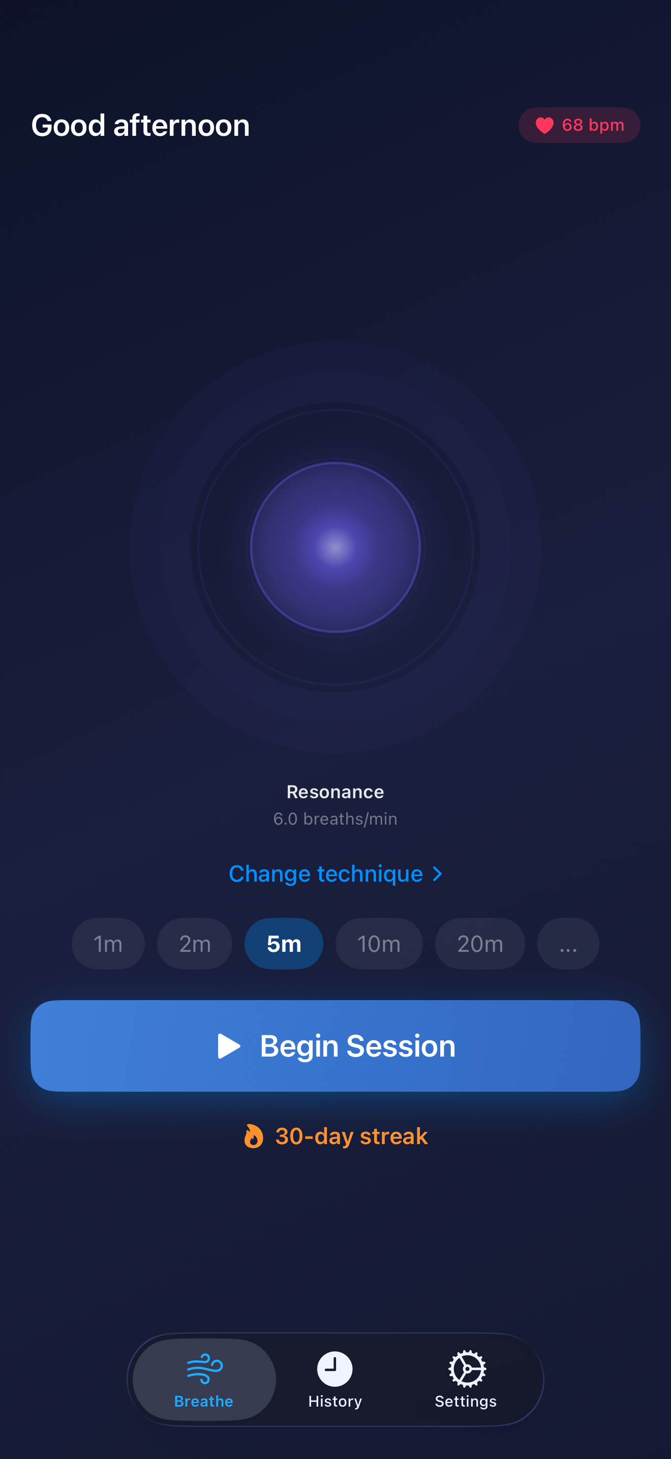 Respirix home screen with breathing pacer, technique selector, and practice streak