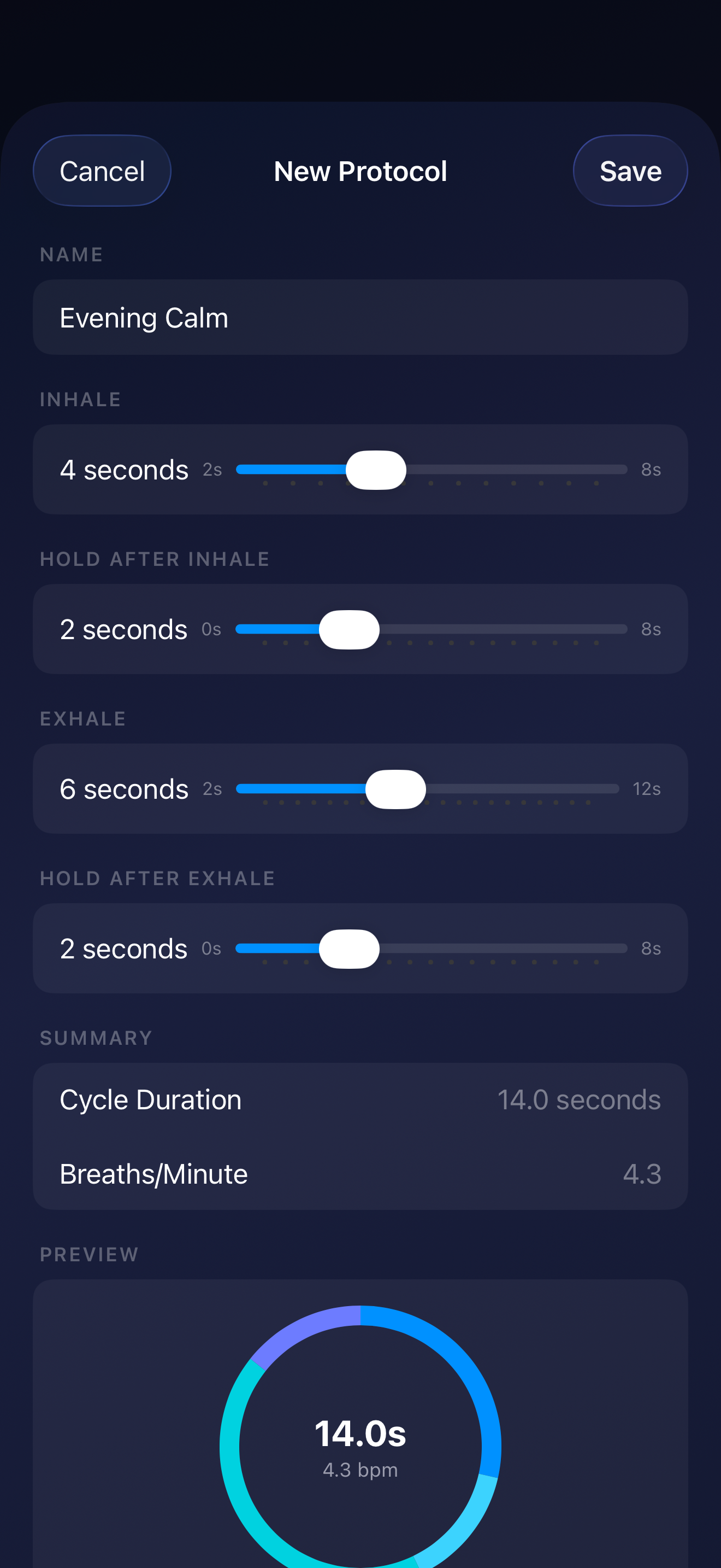 Custom protocol builder with inhale, hold, and exhale duration sliders