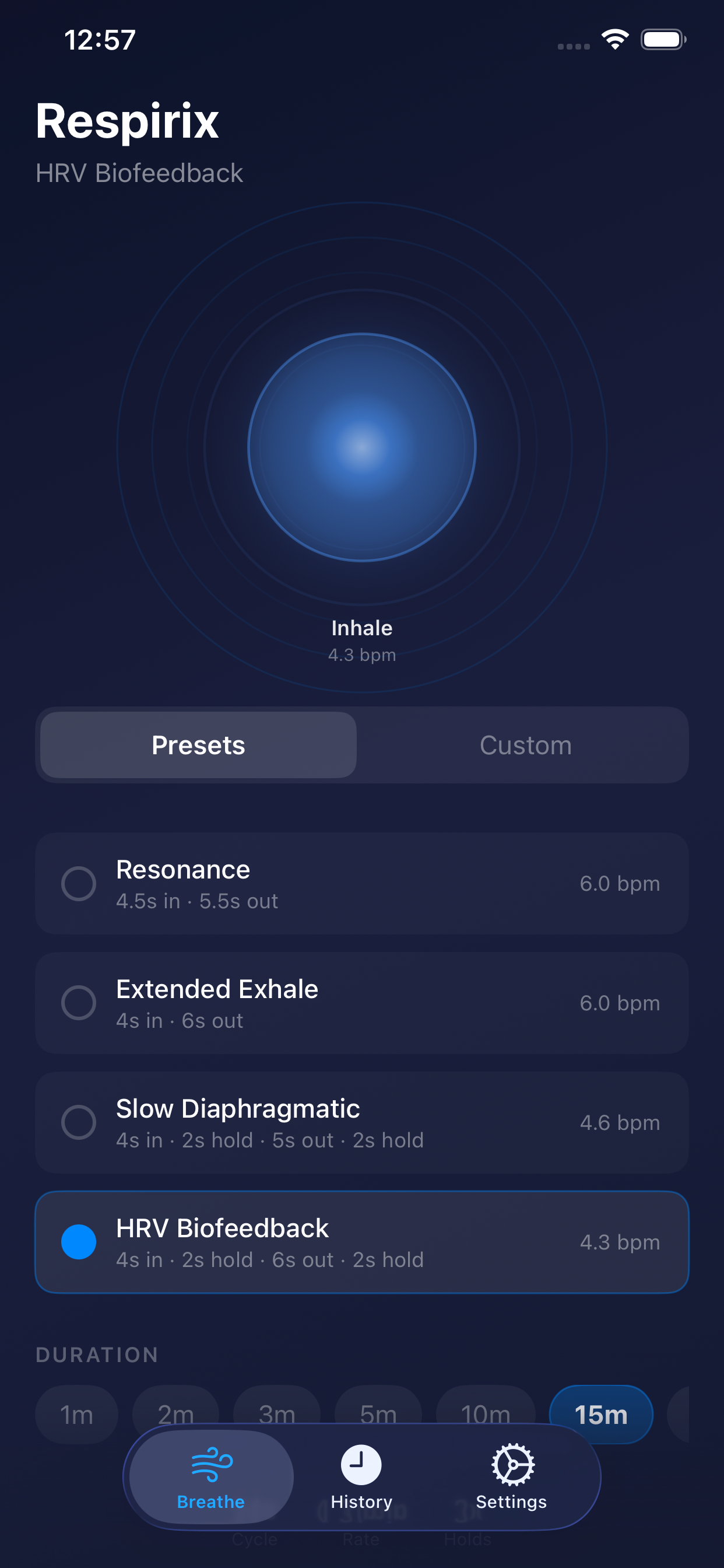 Home screen with protocol picker and breathing pacer