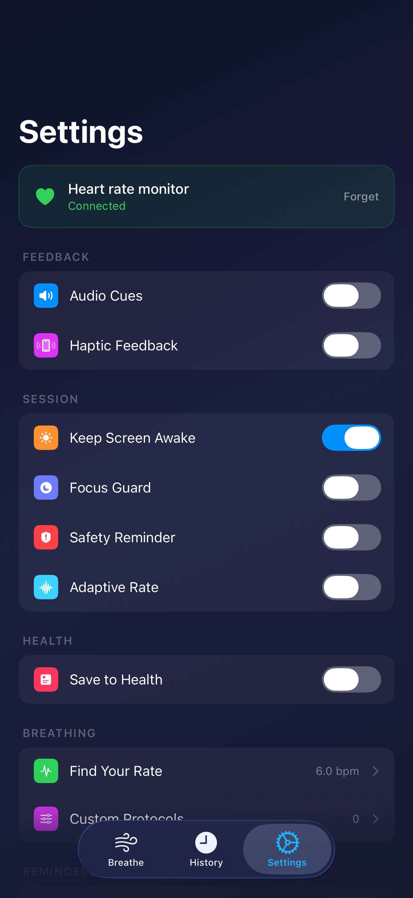 Settings screen with heart rate monitor connection, feedback toggles, and custom protocols